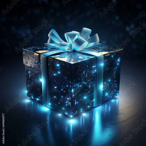 glow blue lit up 3D gift box with  rendered image in the style of technological fusion. photo