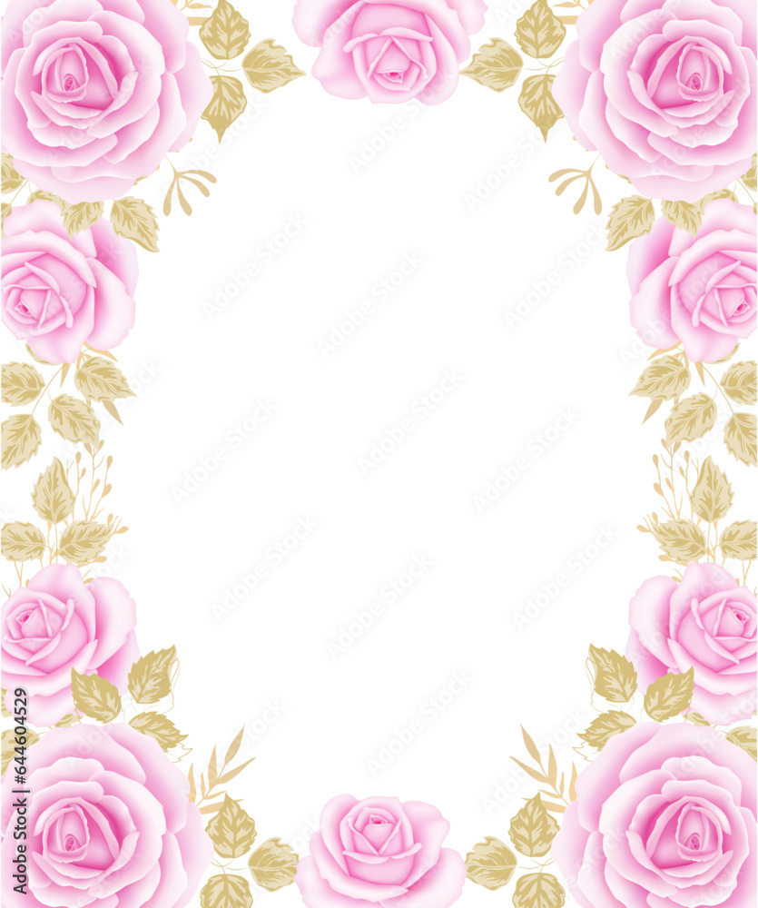 Flower pink rose, green leaves. Floral poster, invite, mother's day greeting card. Vector background