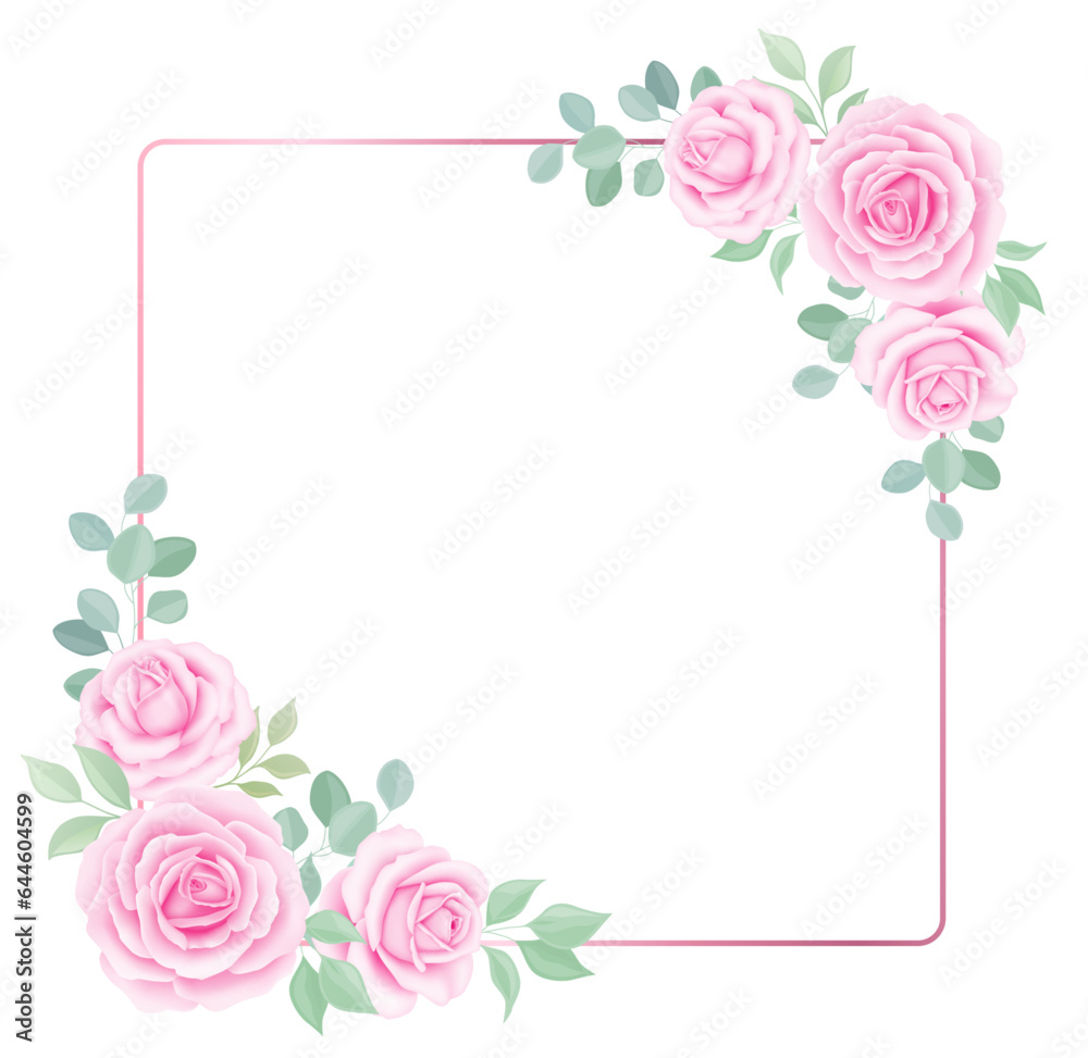 Flower roses, green leaves. Floral frame, poster, invite, mother's day greeting card. Vector background