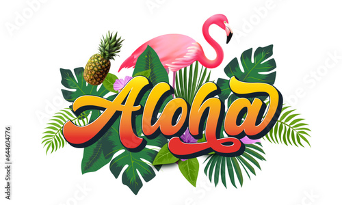 Aloha text, emblem and logo isolated on white. Hand drawn Aloha Hawaiian word for hawaii shirt print or sign. Lettering for tropical or summer party invitation, flyer and poster design.