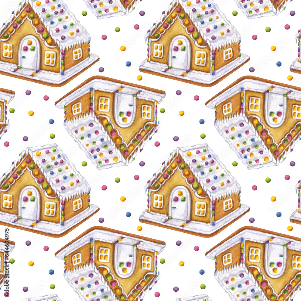Seamless pattern gingerbread house, Christmas New Year's sweets decor. Cookies house, candy, white icing. Hand drawn watercolor illustration transparent background. Textile, print, wrapping paper