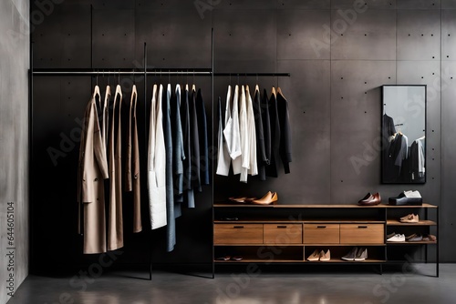 An open wardrobe made of sleek, modern materials stands against a backdrop of polished concrete walls. AI Generative © hani
