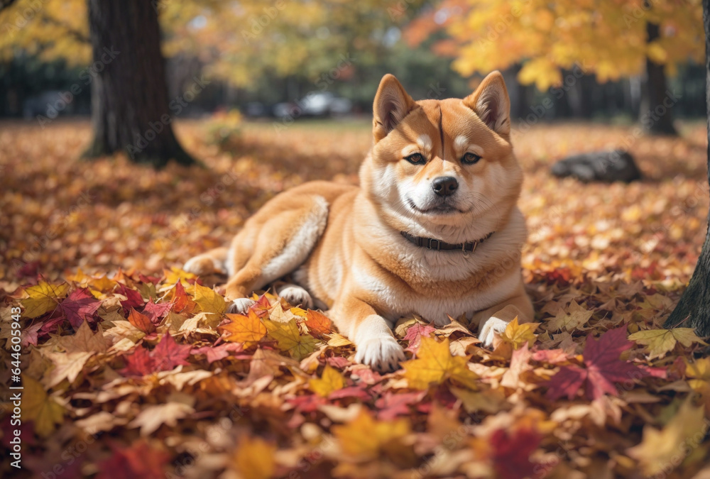 Shiba Inu dog in autumn park