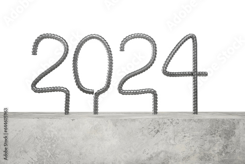 New Year 2024. Numbers are bent from steel rebar sticking out of concrete. Construction concept. Transparent background. 3D rendering © Sergey Chips
