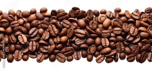 Fresh roasted coffee beans closeup pattern isolated on clear white background. Food pattern. Love coffee concept. Top view, flat lay with copy space 