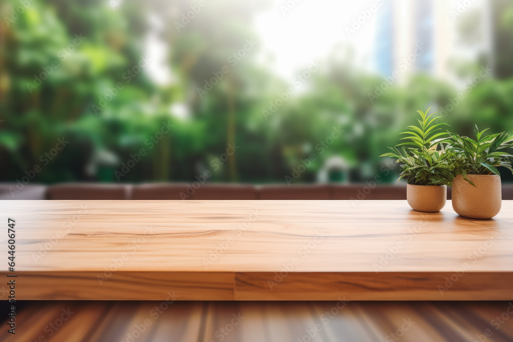 Empty wooden table in front of blurred terrace interior background. Product placement background for mockups.