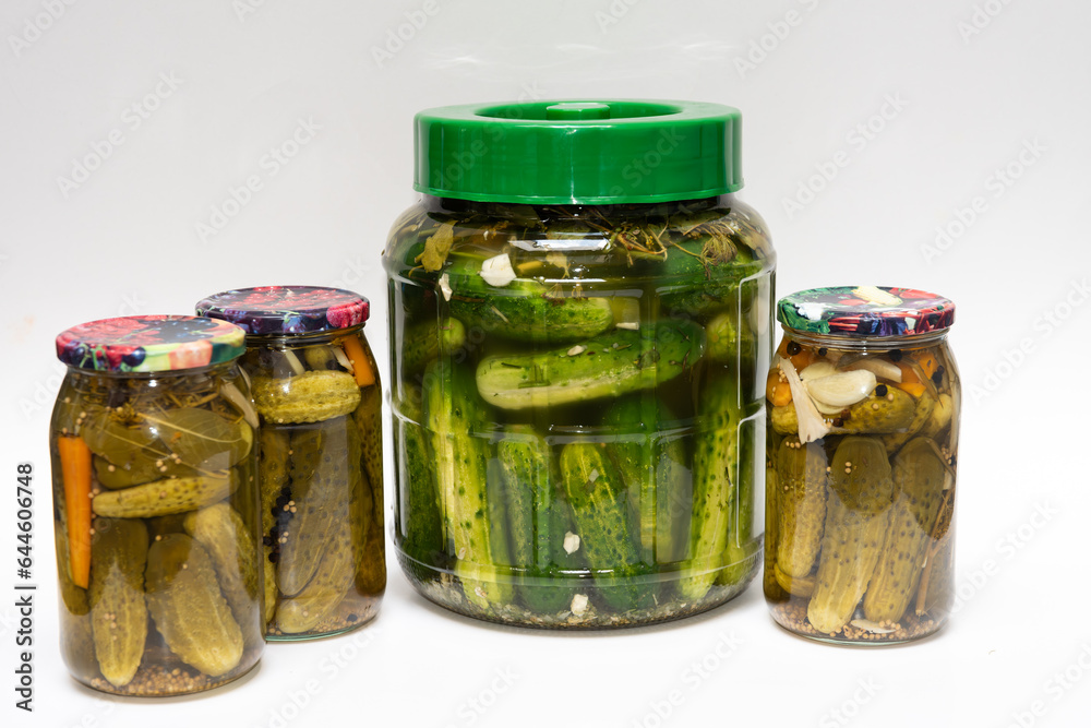 Homemade white and green cucumber pickles, Recipe of homemade preservations. Natural probiotics, fermented veggies.home-made fermented cucumbers ready to eat