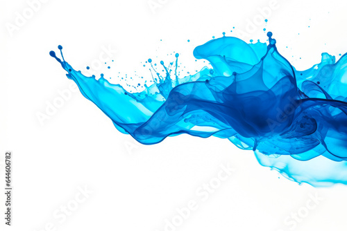 Blue color wave splash with splatters and drops on solid color white background.