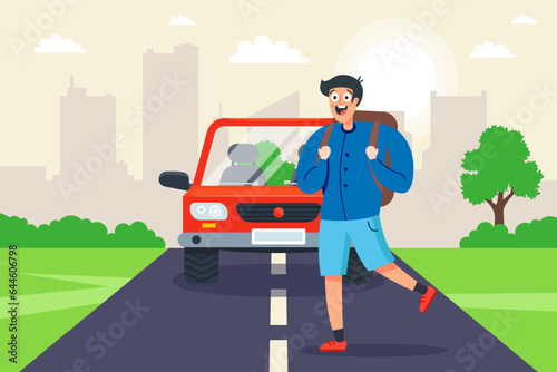 a car hits a man on the road. emergency situation. flat vector illustration.