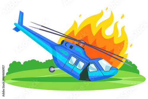 helicopter crash on the ground. burning technology. flat vector illustration.