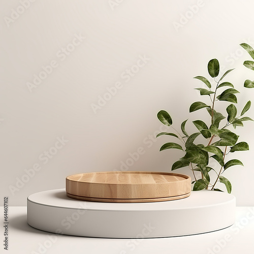 Cylinder wood podium in white background with leaves. product presentation, show cosmetic product, Podium, stage pedestal or platform. Made with generative ai