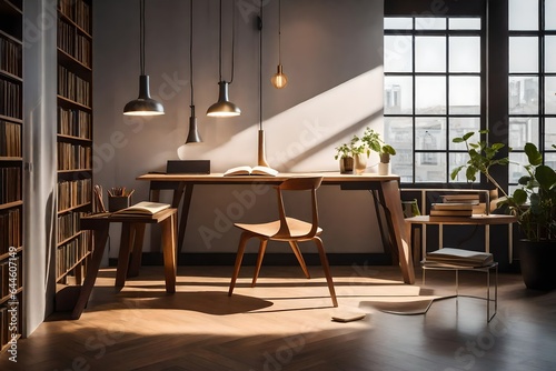 In a modern loft, a sleek wooden chair and study table sit beneath the soft luminosity of a contemporary pendant lamp. AI Generative