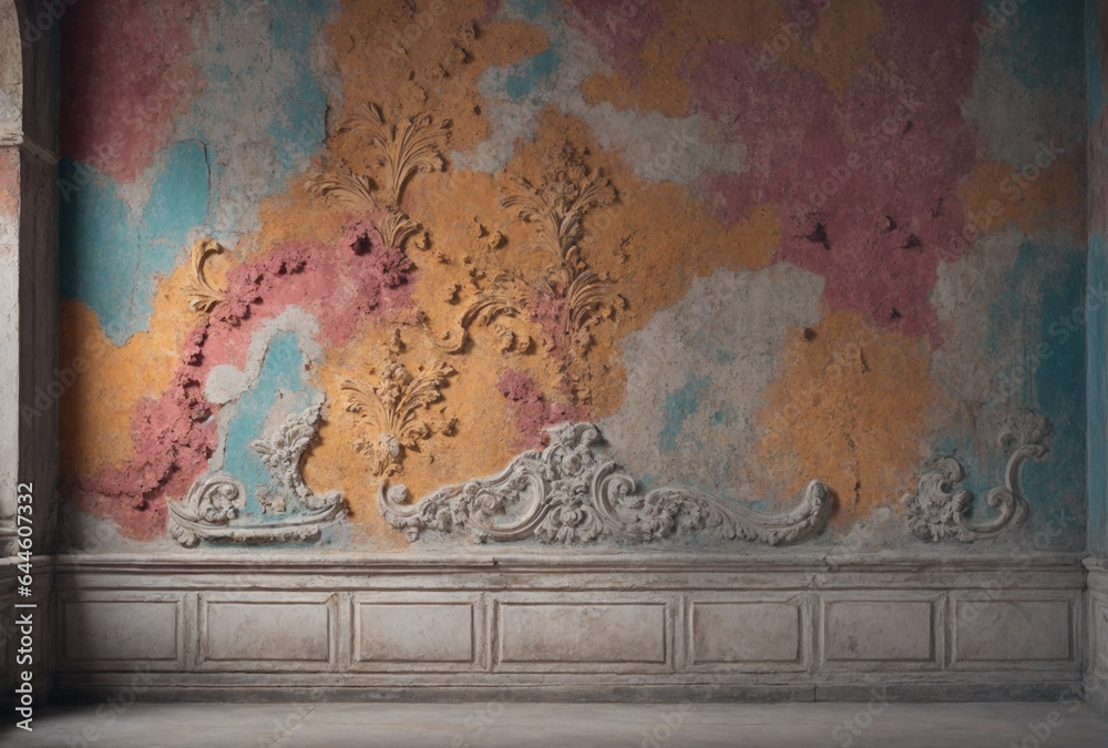 Naklejka premium The wall is painted in a variety of colors, including pink, yellow, and blue