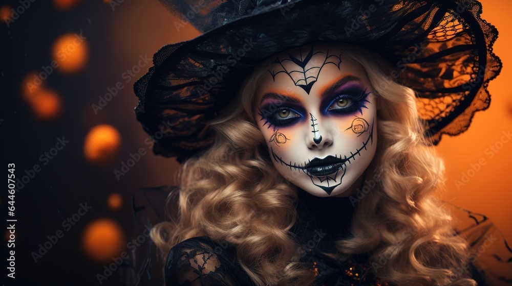 Beautiful young woman with Halloween make-up on a dark background