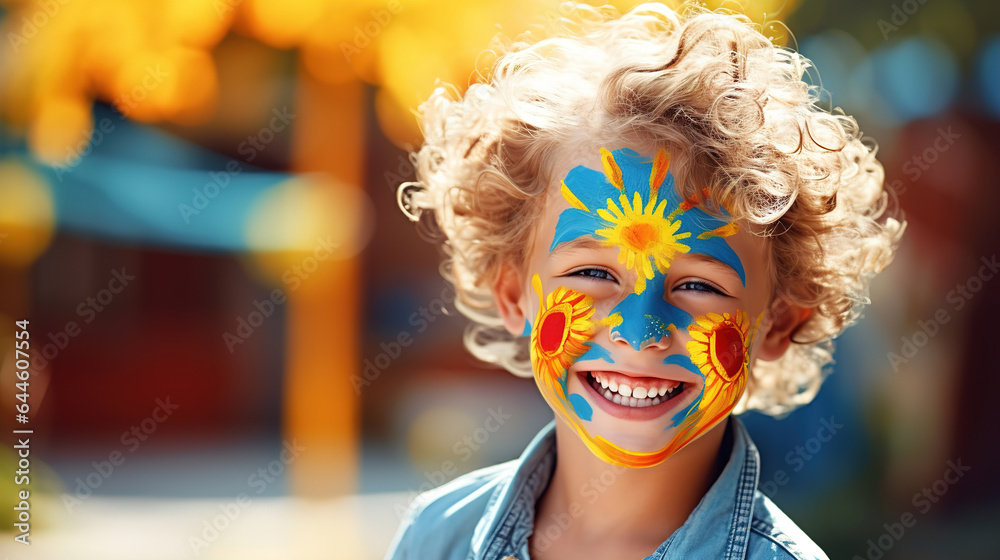 Happy boy with painted face on bright colorful background