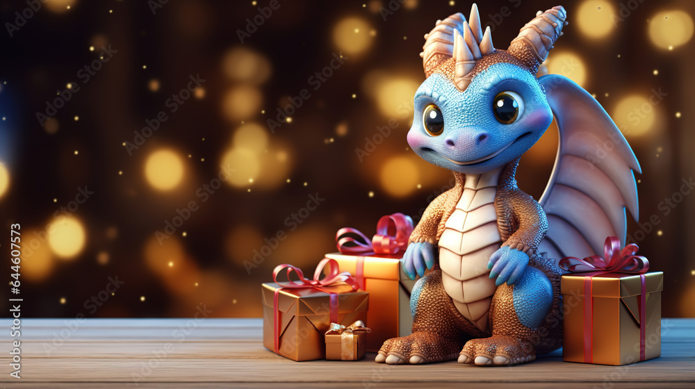 Cute Christmas dragon figurine with gifts on bokeh background with copy space