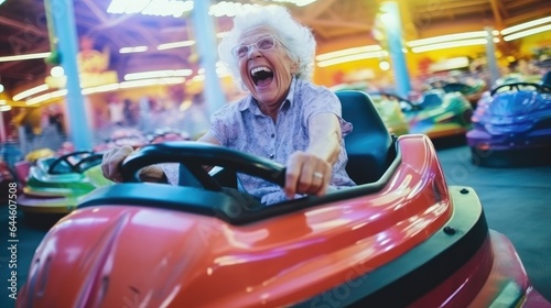 Elderly woman driving a bumper car at the funfair Generative AI photo