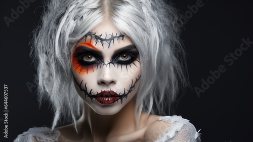 Beautiful young woman with Halloween make-up on a dark background