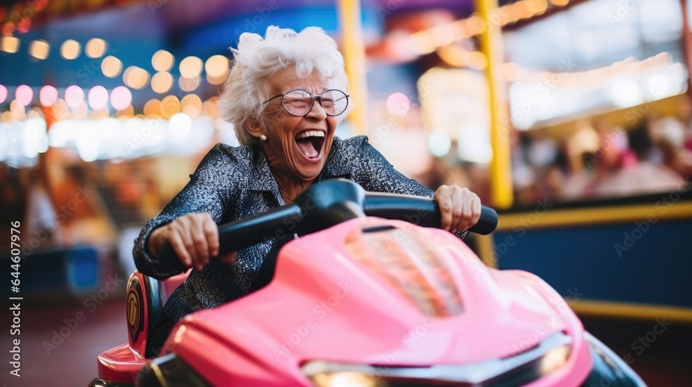 Elderly woman driving a bumper car at the funfair Generative AI