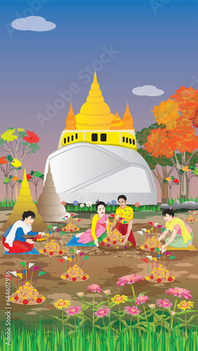 Three woman make beautiful sand pagoda in temple,Merit making traditions vector design