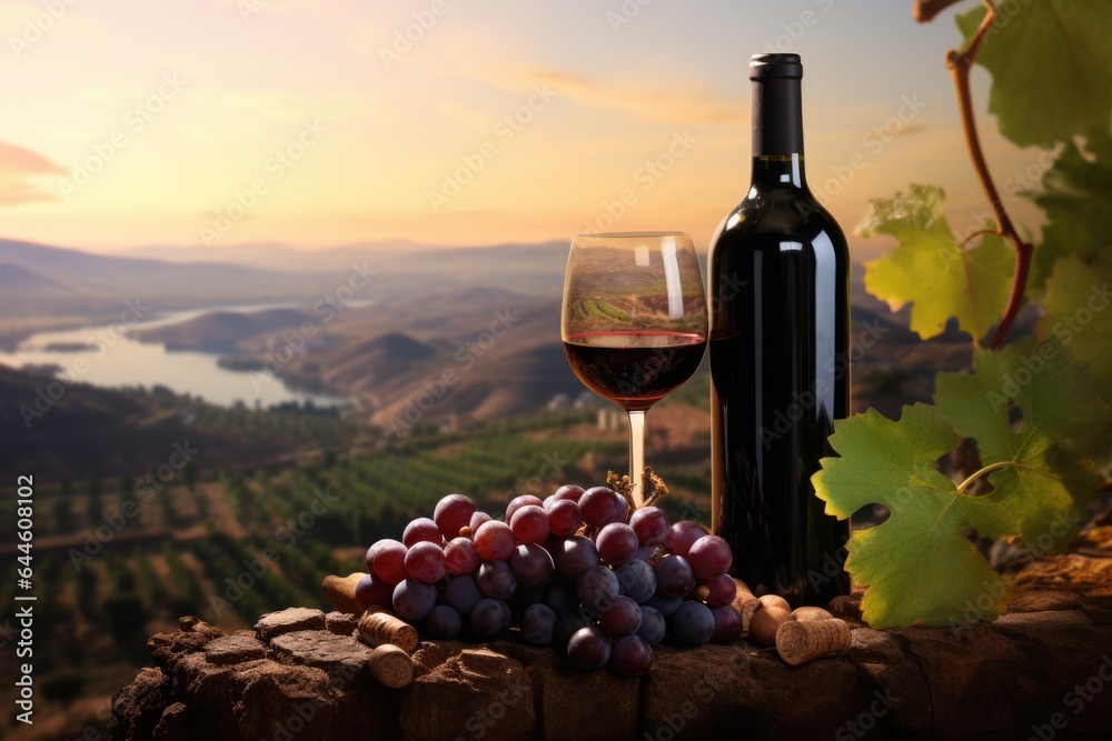 Glass of fresh chilled ice red or rose wine with grapes and bottle on a sunny background. Italy vineyard during a summer sunset. Drink for party, wine shop or wine tasting concept with copy space