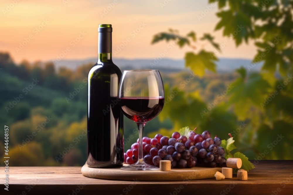 Glass of fresh chilled ice red or rose wine with grapes and bottle  on a sunny background. Italy vineyard during a summer sunset. Drink for party, wine shop or wine tasting concept with copy space