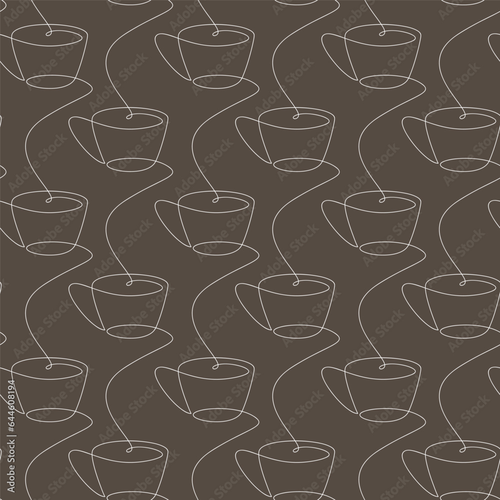 Line continuous seamless pattern vector. Coffee cup icon background. Cartoon linear mug backdrop. Outline hot drink doodle illustration. Kitchen wallpaper, print, graphic design, card, banner. Line continuous seamless pattern vector. Coffee cup icon background. Cartoon linear mug backdrop. Outline hot drink doodle illustration. Kitchen wallpaper, print, graphic design, card, banner.
