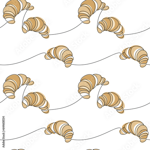 French croissant icon background. Line continuous  seamless pattern vector. Cartoon linear pastry backdrop. Dessert doodle illustration. Kitchen wallpaper, bakery print, graphic design, card, banner.