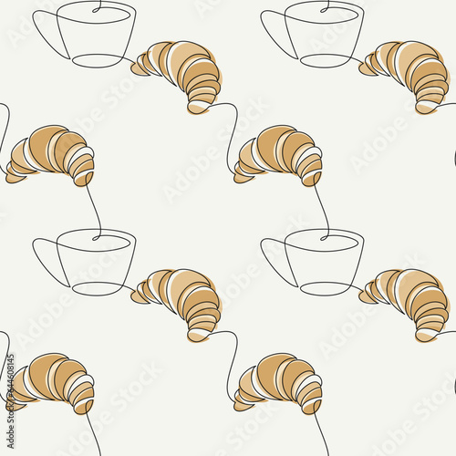 Coffee cup croissant icon background. Line continuous  seamless pattern vector. Cartoon pastry backdrop. Dessert doodle illustration. Kitchen wallpaper, bakery print, graphic design, card, banner.