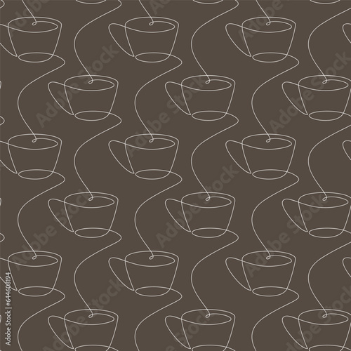 Line continuous seamless pattern vector. Coffee cup icon background. Cartoon linear mug backdrop. Outline hot drink doodle illustration. Kitchen wallpaper, print, graphic design, card, banner.