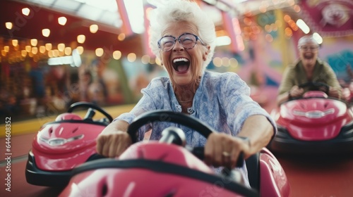 Elderly woman driving a bumper car at the funfair Generative AI photo