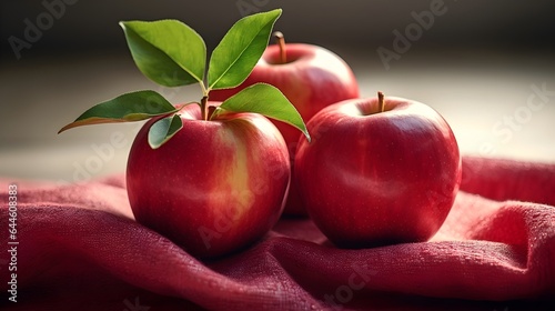 Close up organic apples on a table. Summer bright rustic background.