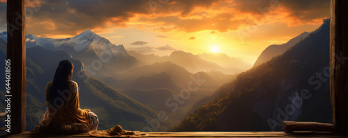 Woman on Mountain-Edge Porch,  Sunset, travel background © John Boss