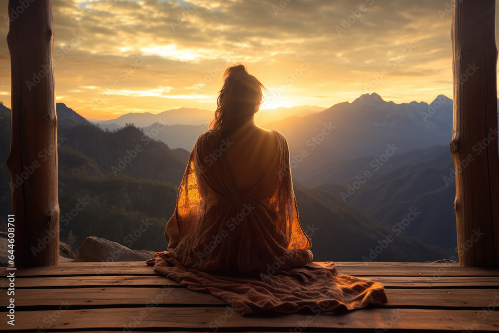 Woman on Mountain-Edge Porch,  Sunset, travel background