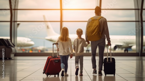Happy family ready to their journey. Airport terminal. Generative AI