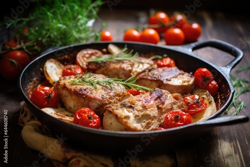 Skillet with cooked pork chops, cherry tomatoes, and herbs on a wooden table.