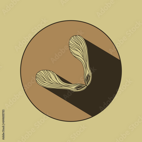 Maple seed logo with shadow. Vector images of natural elements on a brown background for eco design. Linear drawing of a maple lionfish. Autumn mood.