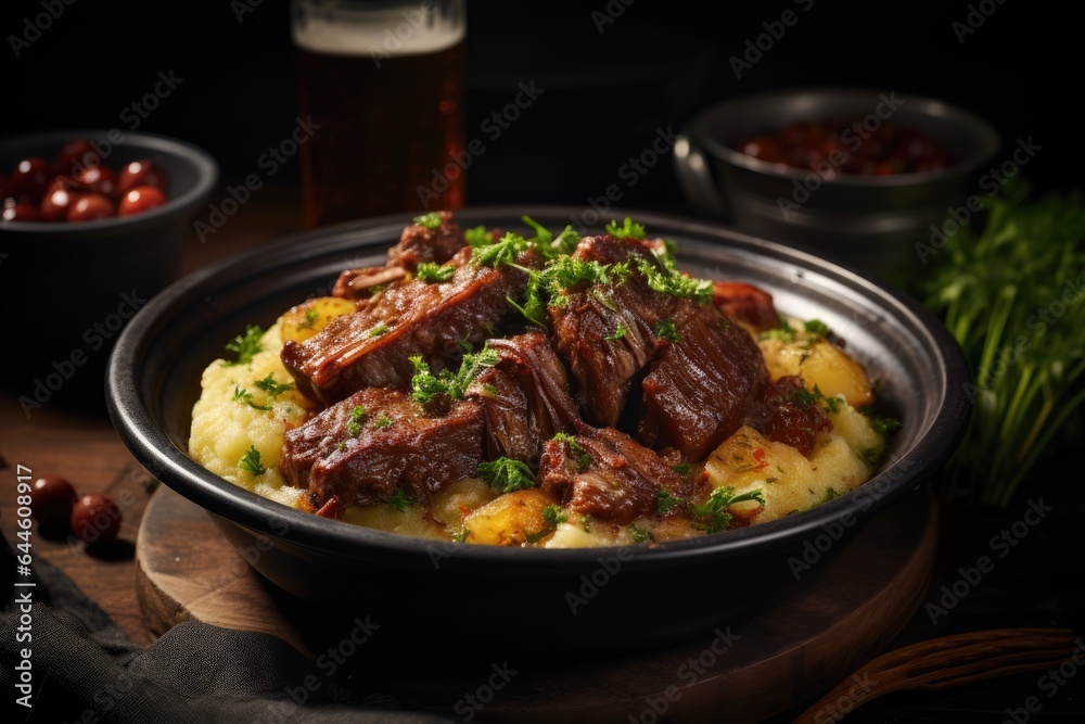 Potato stew with smoked pork meat garnished with fresh herbs. Potato stew with smoked pork meat garnished with fresh herbs.