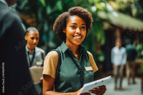 Young black female tour guide doing her job.