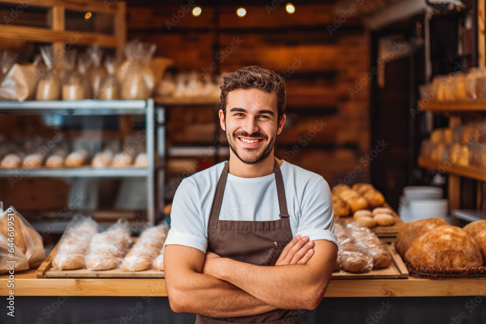 Young caucasian male home baked goods seller standing in his shop. Young caucasian male home baked goods seller standing in his shop.