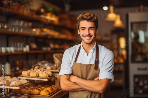 Young caucasian male home baked goods seller standing in his shop.