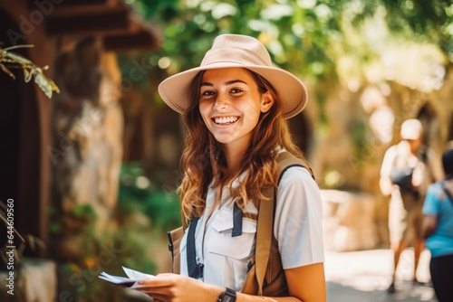 Young caucasian female tour guide doing her job.