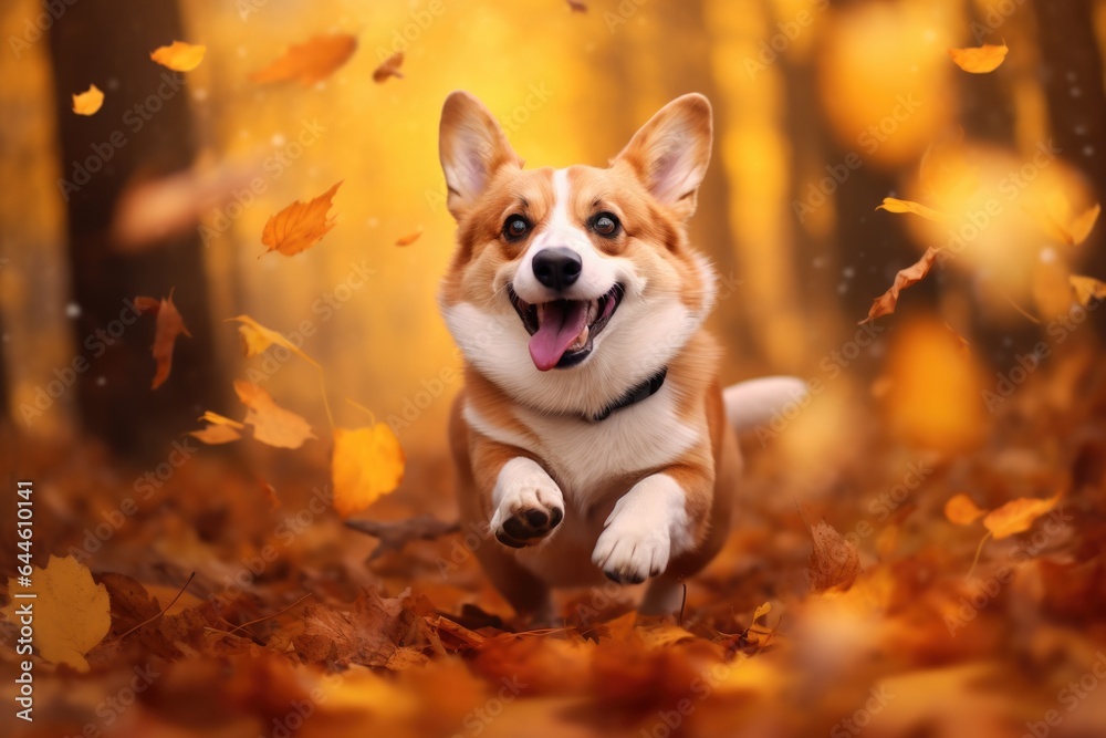 Cute welsh corgi pembroke running outdoor in autumn park. Happy smiling dog. Funny pet