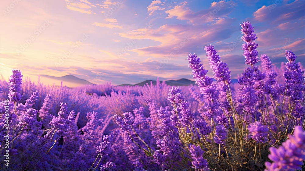 a panoramic view of a lavender field in full bloom, with butterflies gracefully fluttering amidst the fragrant lavender blossoms. The scene exudes the tranquility and beauty of a lavender garden. - obrazy, fototapety, plakaty 