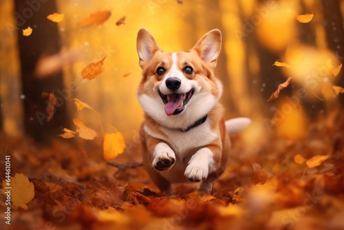 Cute welsh corgi pembroke running outdoor in autumn park. Happy smiling dog. Funny pet