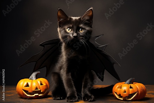 Fluffy cute black kitten wearing in bat costume with pumpkin jack o lantern on dark background with leaves. Halloween autumn concept. Background with copy space  © ratatosk