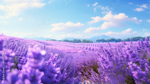 a panoramic view of a lavender field in full bloom, with butterflies gracefully fluttering amidst the fragrant lavender blossoms. The scene exudes the tranquility and beauty of a lavender garden.