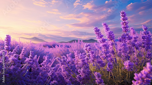 a panoramic view of a lavender field in full bloom, with butterflies gracefully fluttering amidst the fragrant lavender blossoms. The scene exudes the tranquility and beauty of a lavender garden.
