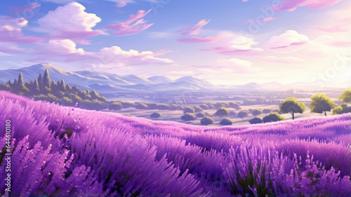 a panoramic view of a lavender field in full bloom, with butterflies gracefully fluttering amidst the fragrant lavender blossoms. The scene exudes the tranquility and beauty of a lavender garden.