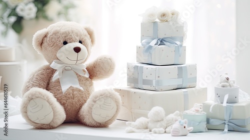 a beautifully arranged stack of baby diapers on a table, accompanied by an adorable toy teddy bear. The scene is set with delicate touches for both boys and girls, offering a charming backdrop